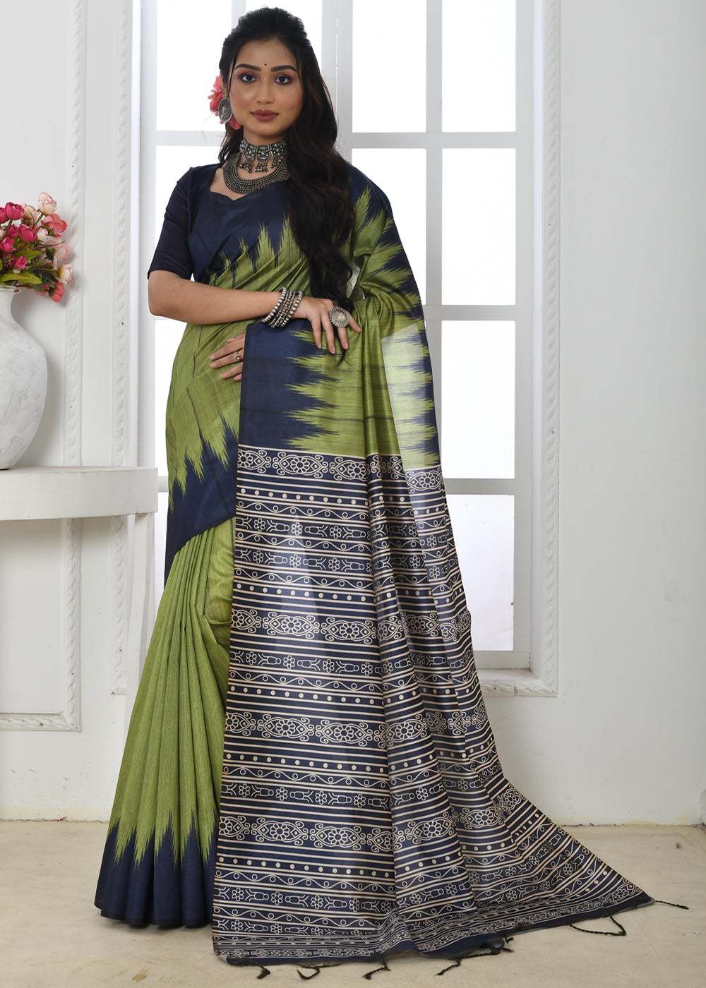 Buy MySilkLove Verdigris Green Woven Tussar Ikkat Silk Saree Online