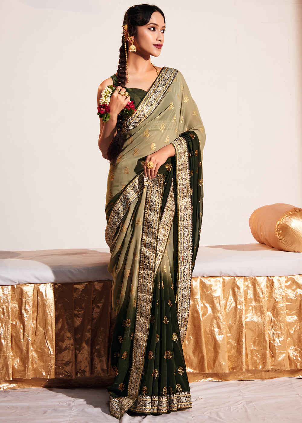 Buy MySilkLove Misty Moss Green Woven Georgette Silk Saree Online