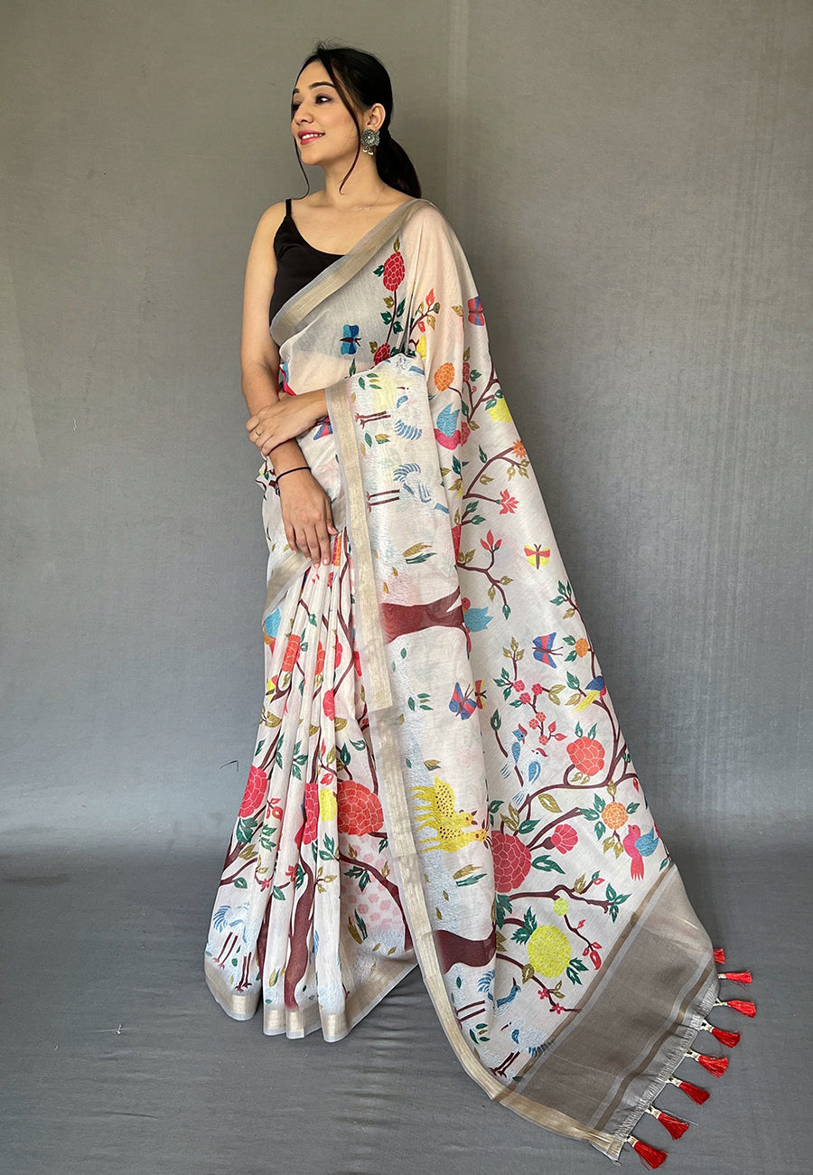 Buy MySilkLove Westar White Tissue Printed Kalamkari Silk Saree Online