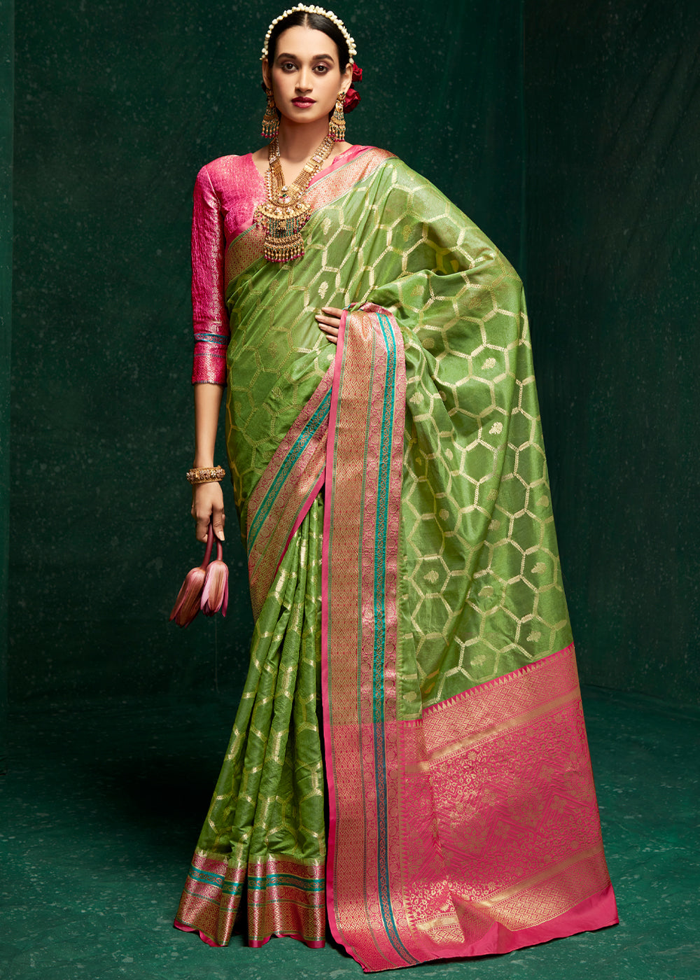 Buy MySilkLove Wild Willow Green Woven Banarasi Silk Saree Online