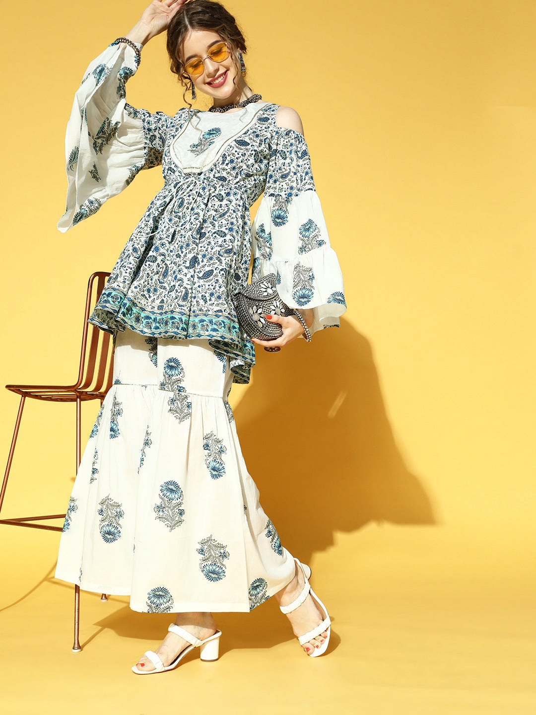 Buy MySilkLove Spring Wood White and Blue Ethnic Printed Dress Online