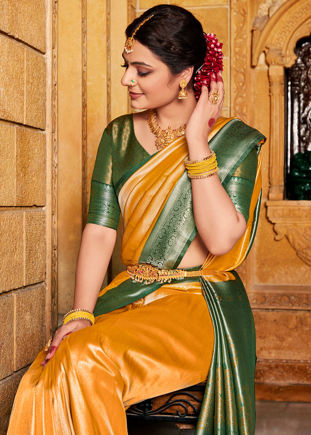 Buy MySilkLove Tree Poppy Orange and Green Zari Woven Kanjivaram Saree Online