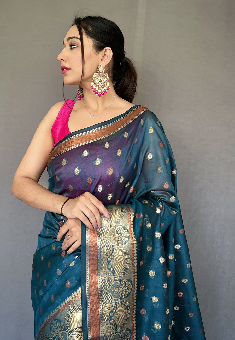 Buy MySilkLove Shark Blue Zari Woven Organza Silk Saree Online