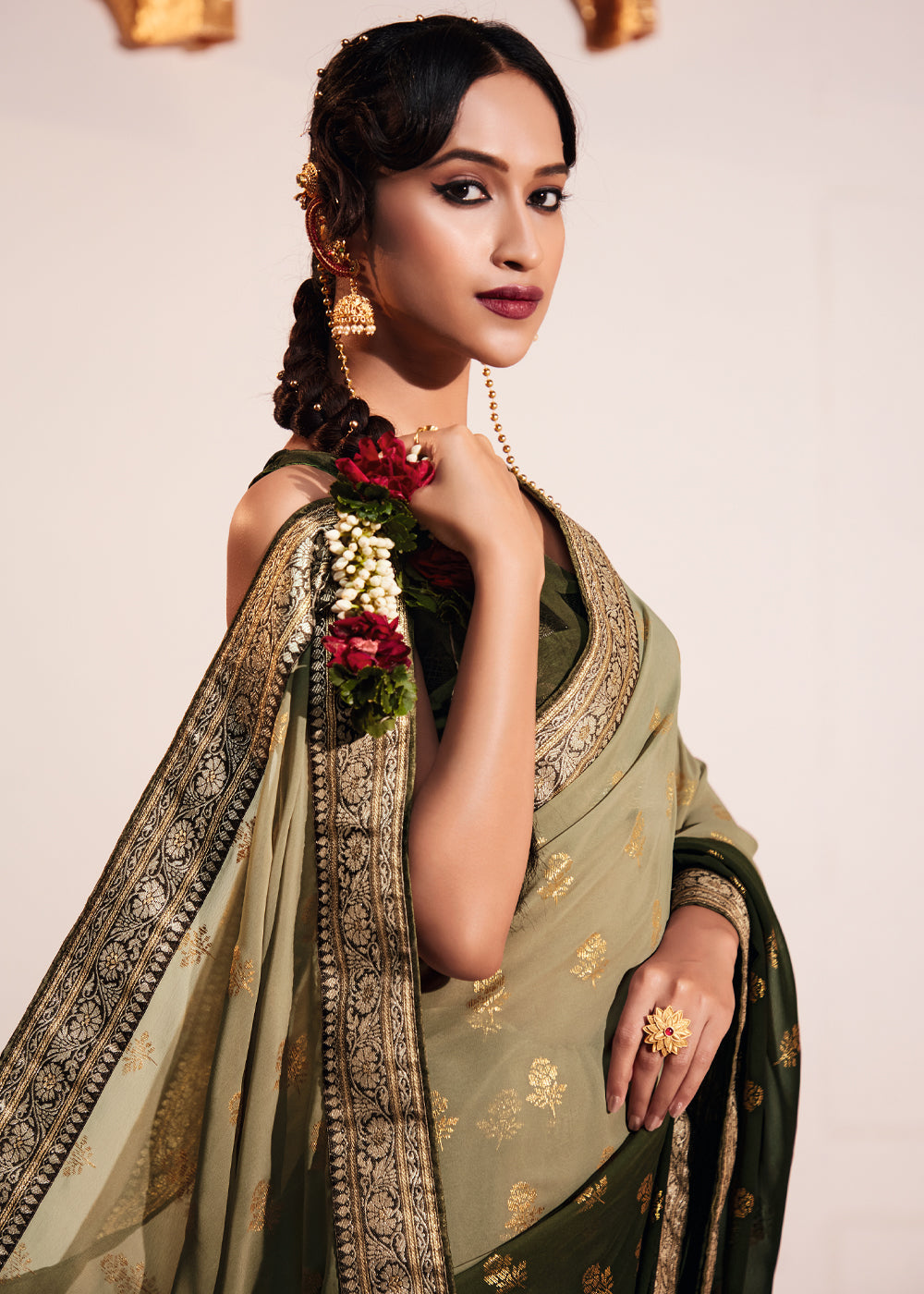 MySilkLove Misty Moss Green Woven Georgette Silk Saree