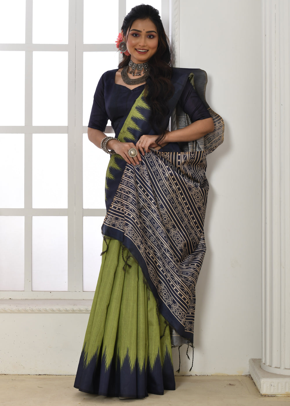 Buy MySilkLove Verdigris Green Woven Tussar Ikkat Silk Saree Online