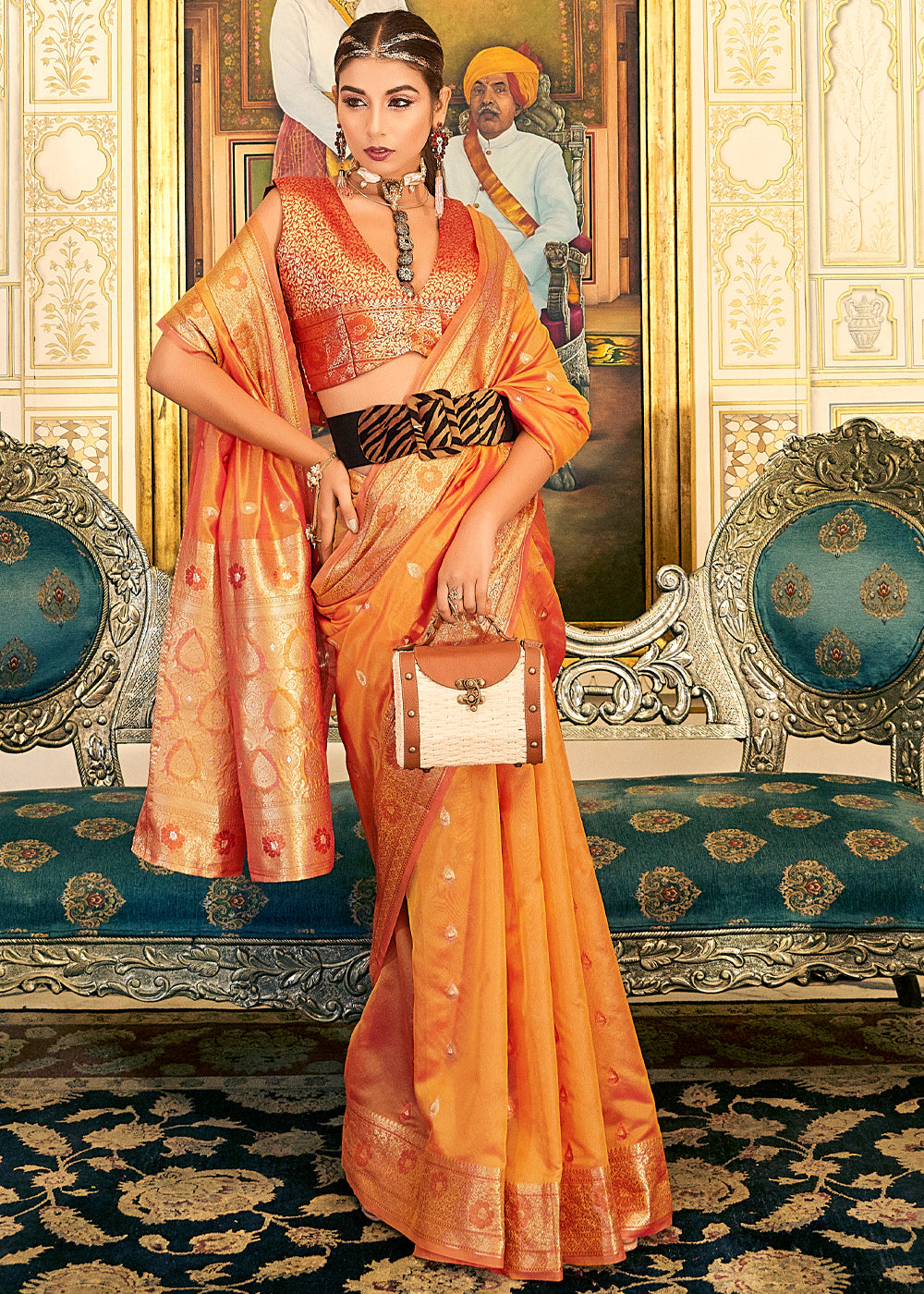Buy MySilkLove Zest Orange Woven Banarasi Organza Silk Saree Online