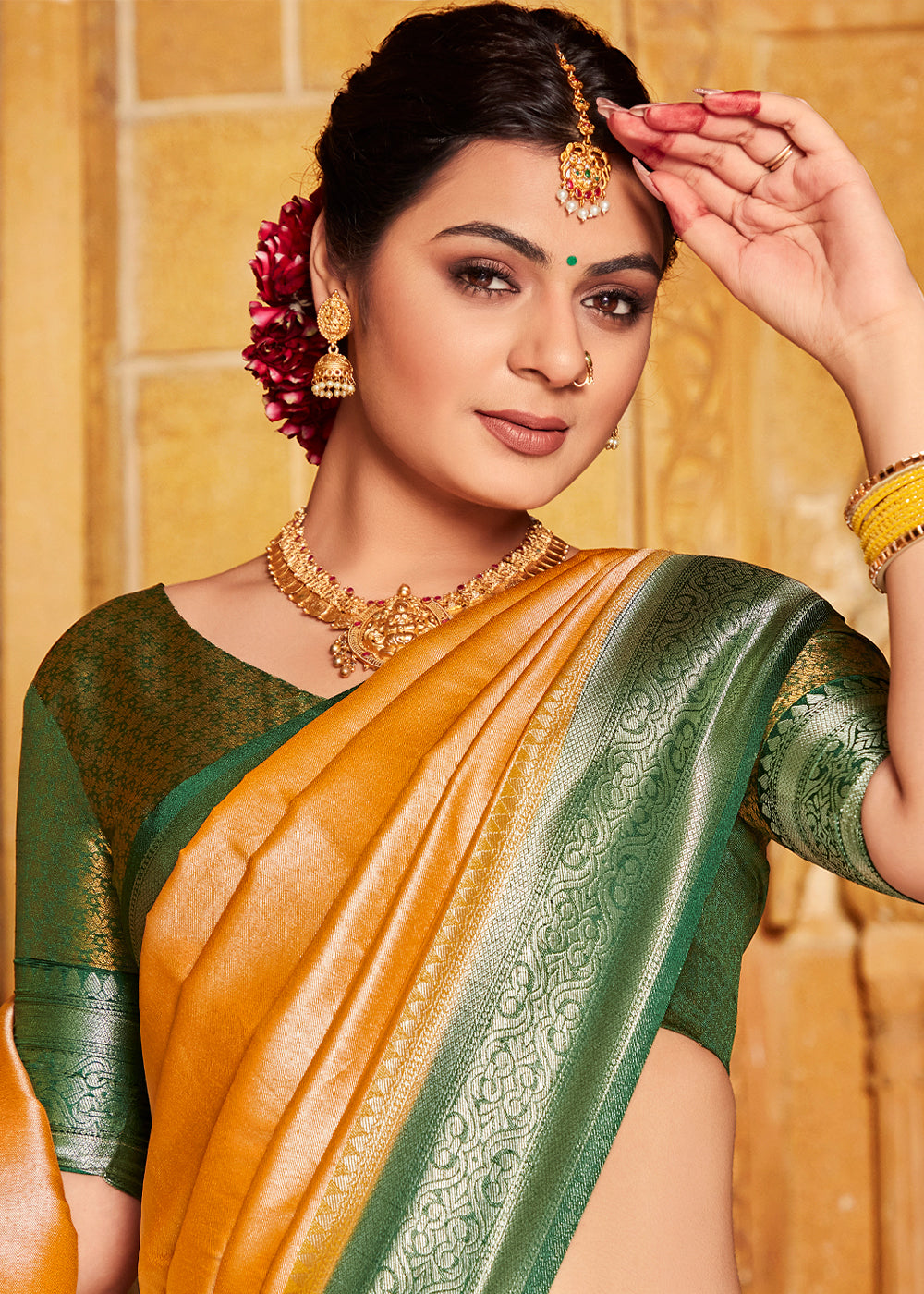 Buy MySilkLove Tree Poppy Orange and Green Zari Woven Kanjivaram Saree Online