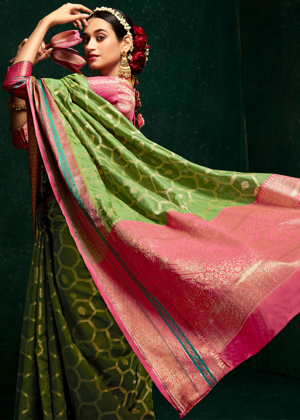 Buy MySilkLove Wild Willow Green Woven Banarasi Silk Saree Online