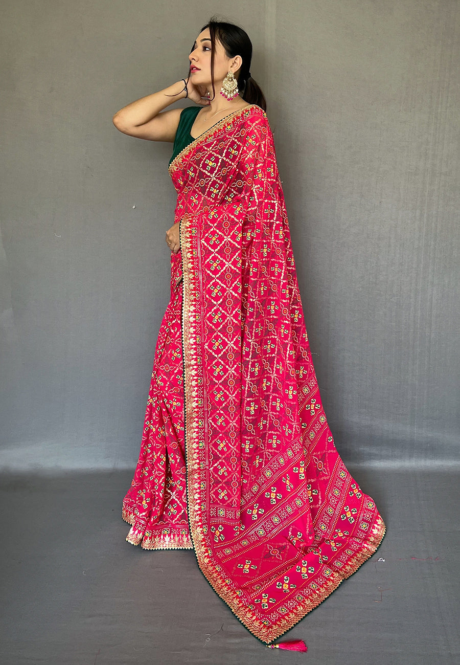 Buy MySilkLove Cabaret Pink Embroidered Georgette Bandhani Saree Online