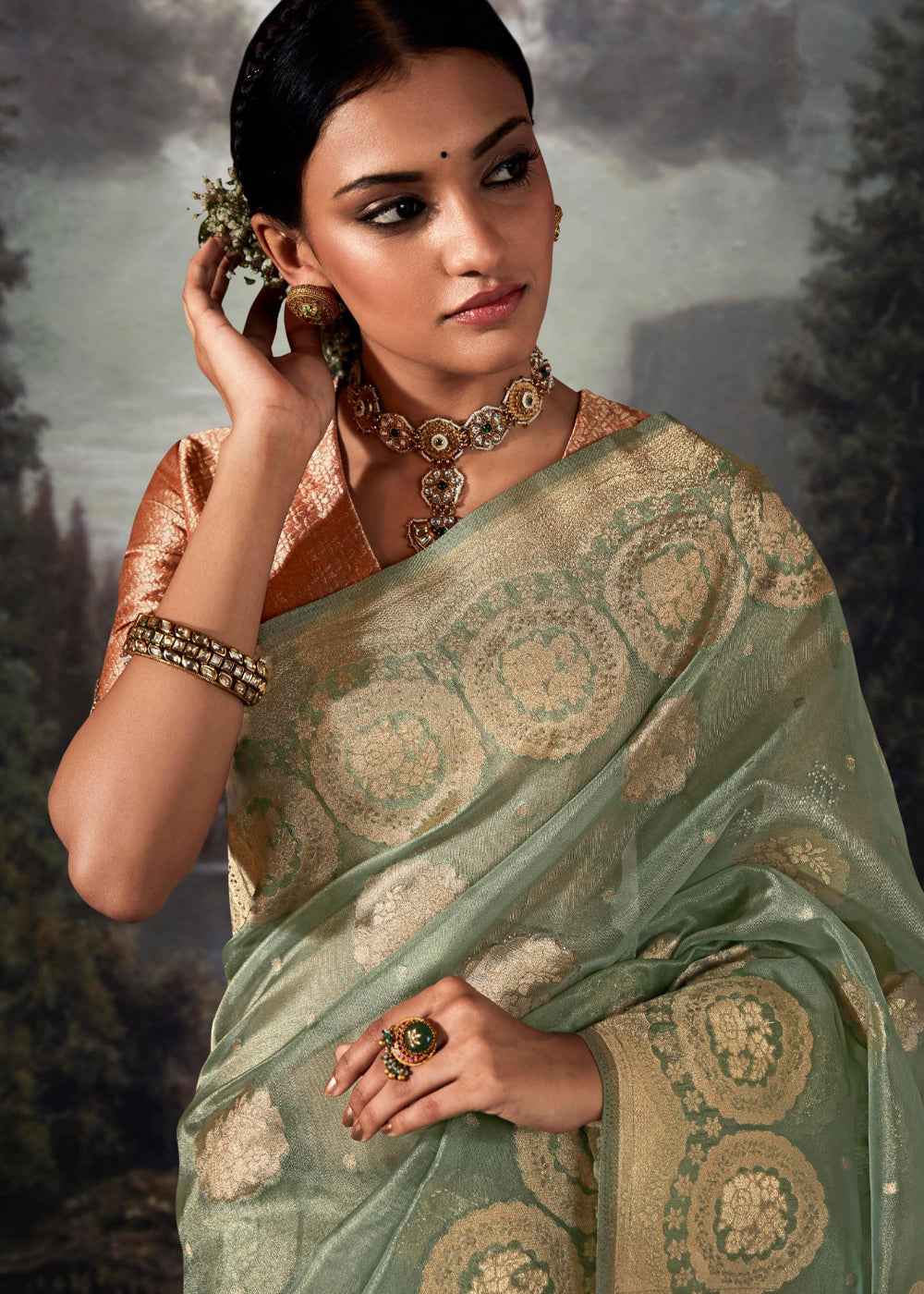 Buy MySilkLove Kelp Green Woven Banarasi Organza Silk Saree Online