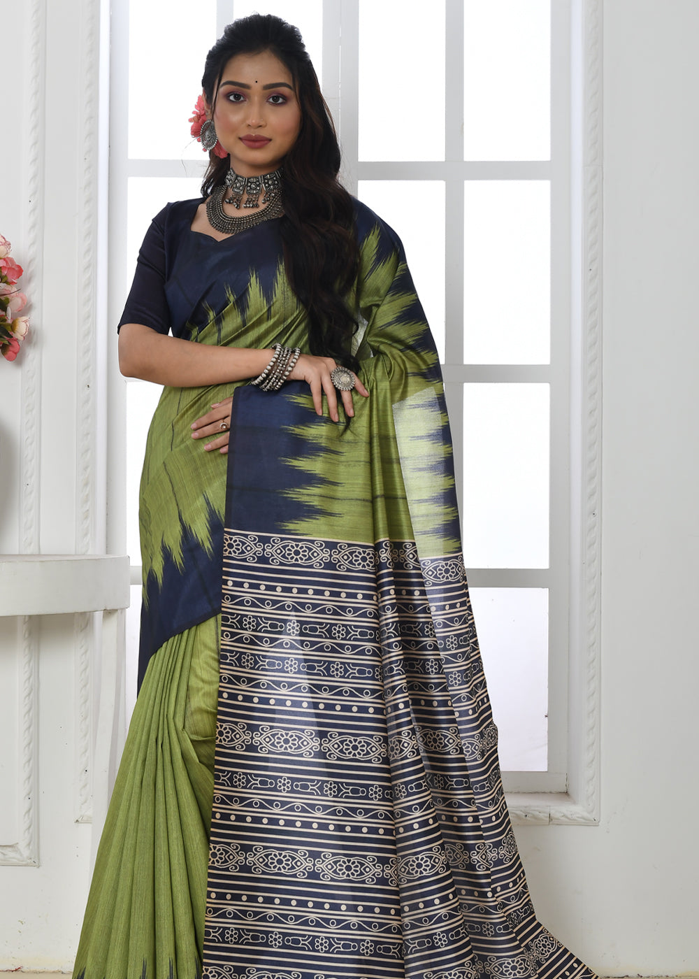 Buy MySilkLove Verdigris Green Woven Tussar Ikkat Silk Saree Online