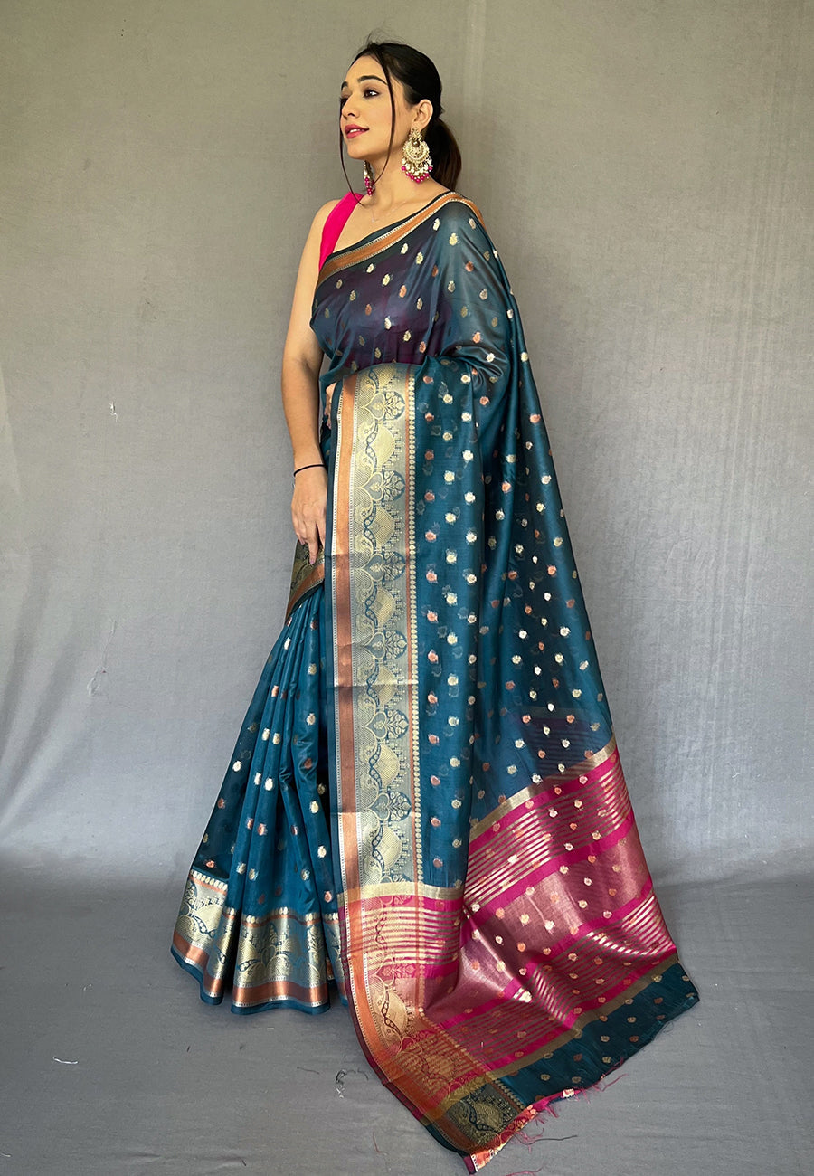 Buy MySilkLove Shark Blue Zari Woven Organza Silk Saree Online