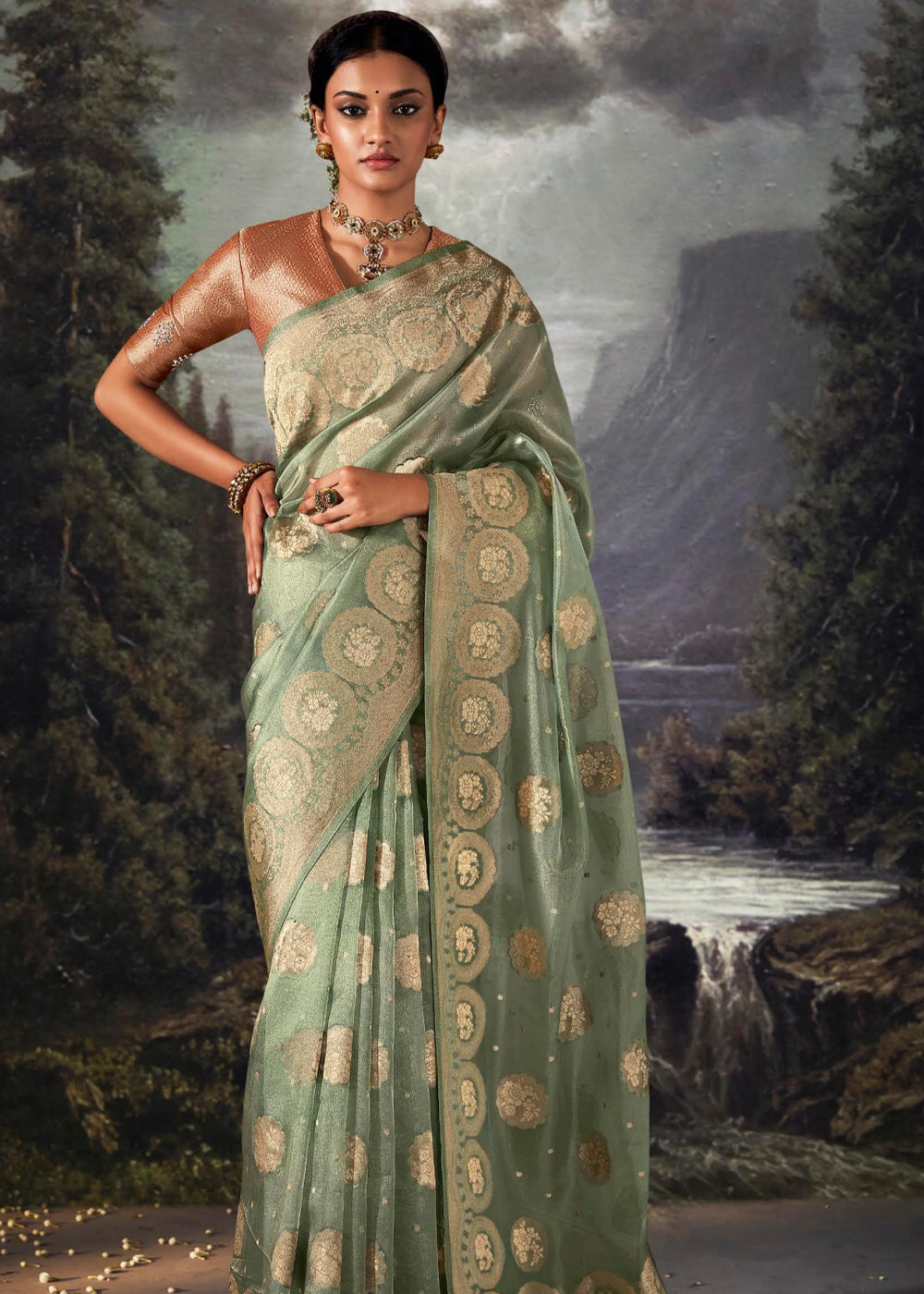 Buy MySilkLove Kelp Green Woven Banarasi Organza Silk Saree Online