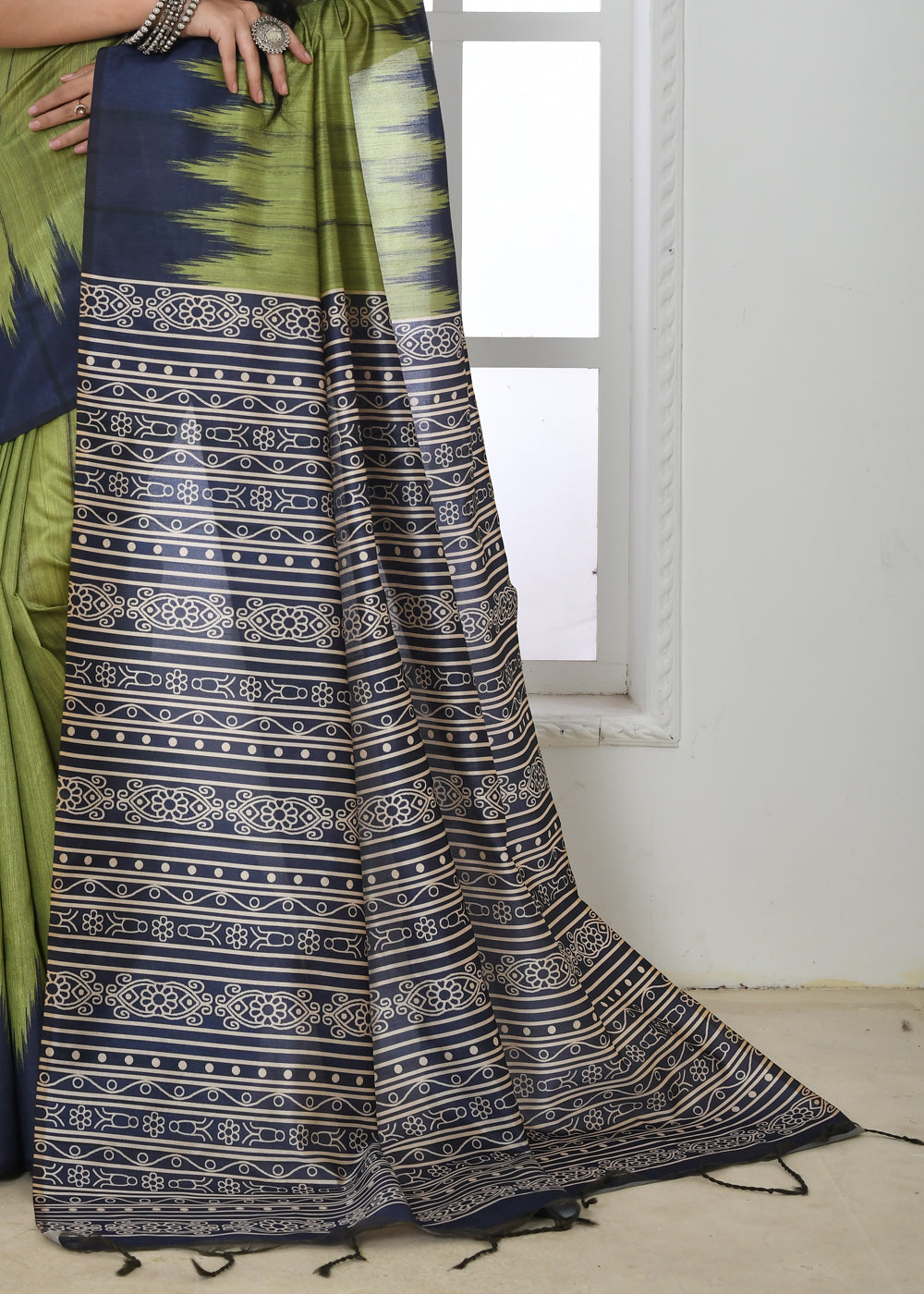 Buy MySilkLove Verdigris Green Woven Tussar Ikkat Silk Saree Online