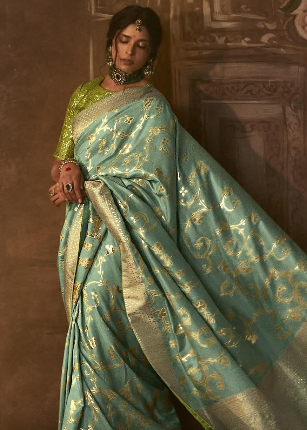 Buy MySilkLove Finch Green Woven Designer Banarasi Silk Saree Online