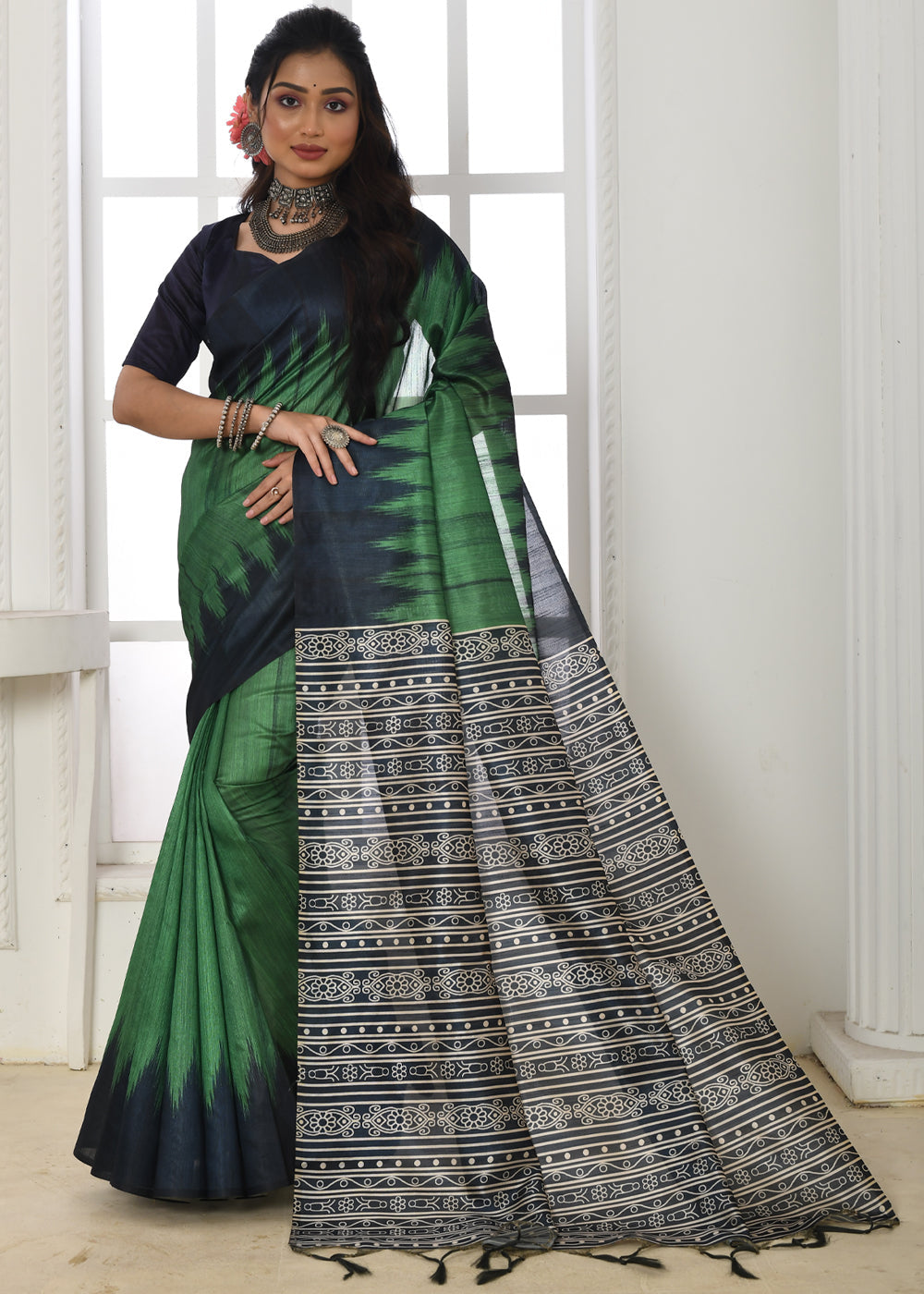 Buy MySilkLove Axolotl Green Woven Tussar Ikkat Silk Saree Online