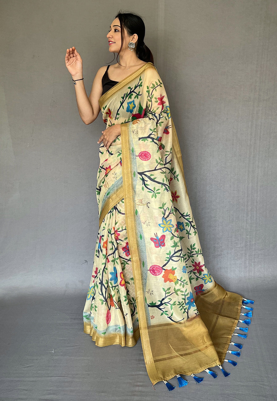 Buy MySilkLove Banana Mania Cream Tissue Printed Kalamkari Silk Saree Online