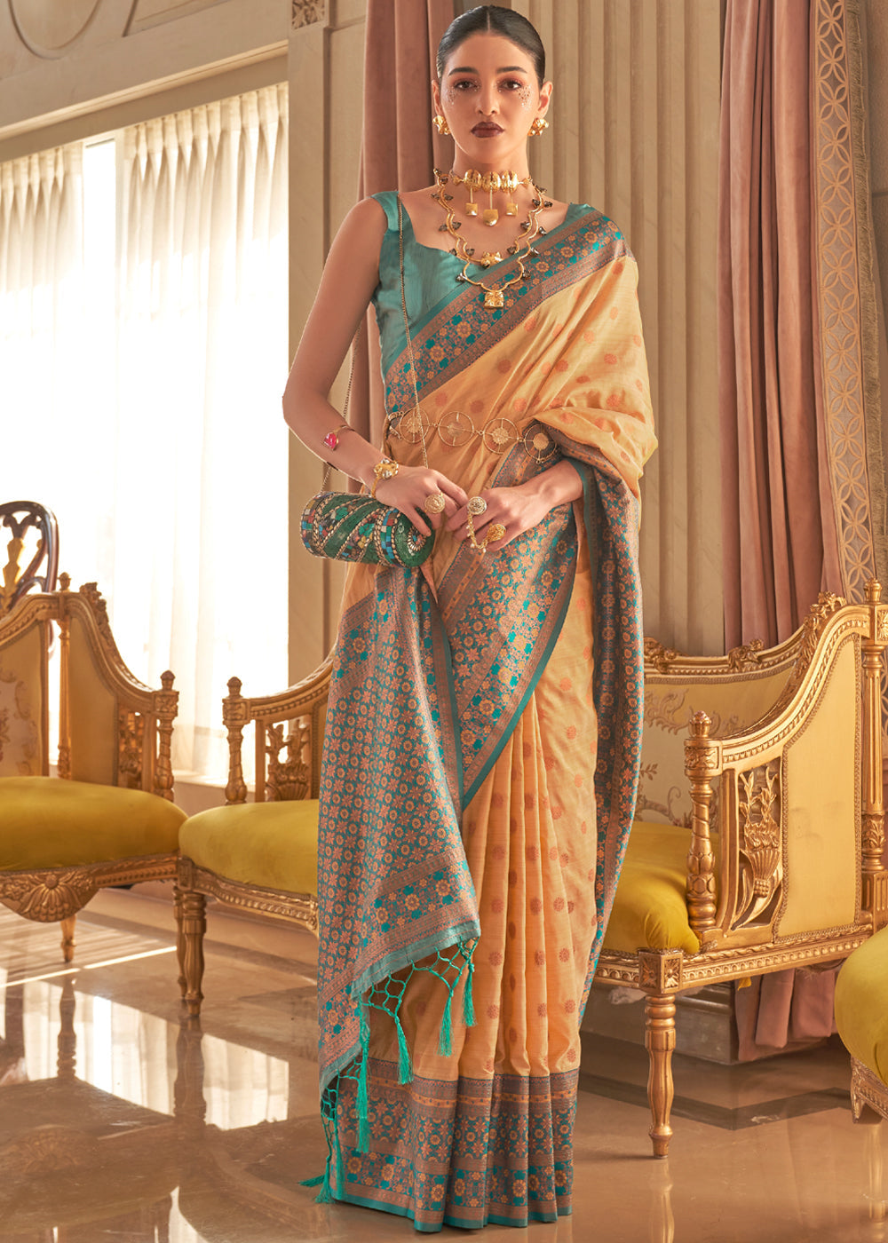 Buy MySilkLove Manhattan Peach and Green Bronze Zari Woven Soft Silk Saree Online