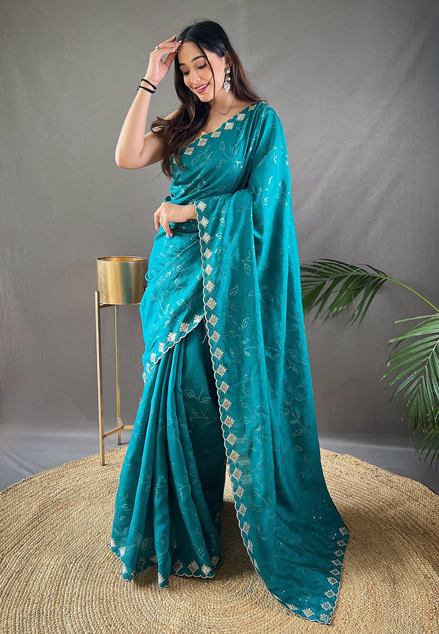 Buy MySilkLove Eastern Blue Embroidered Sequins Designer Saree Online