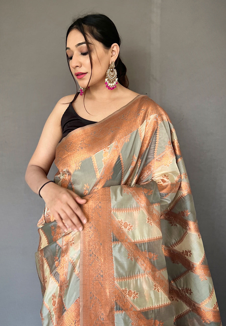 MySilkLove Clay Creek Grey Copper Zari Woven Organza Saree