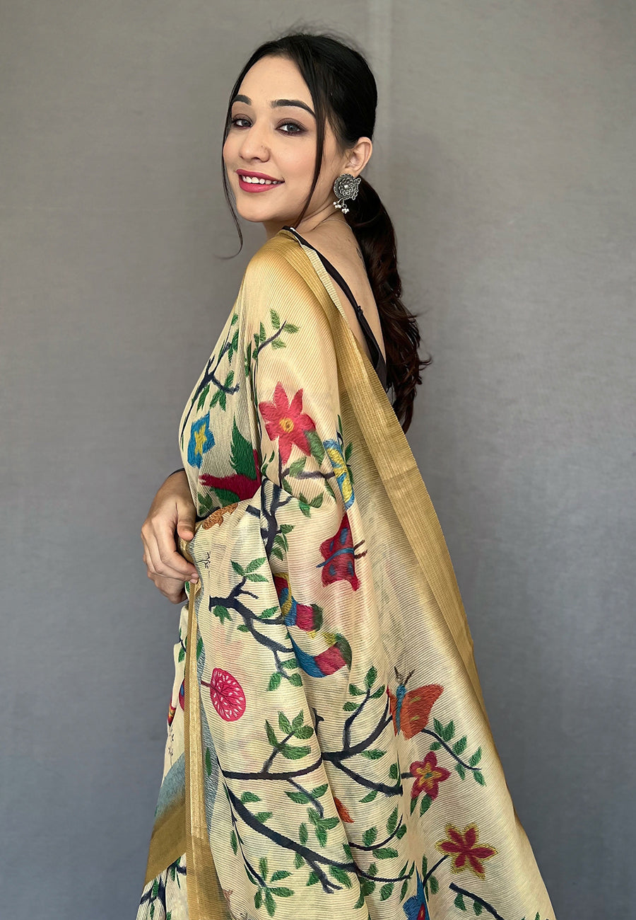 Buy MySilkLove Banana Mania Cream Tissue Printed Kalamkari Silk Saree Online