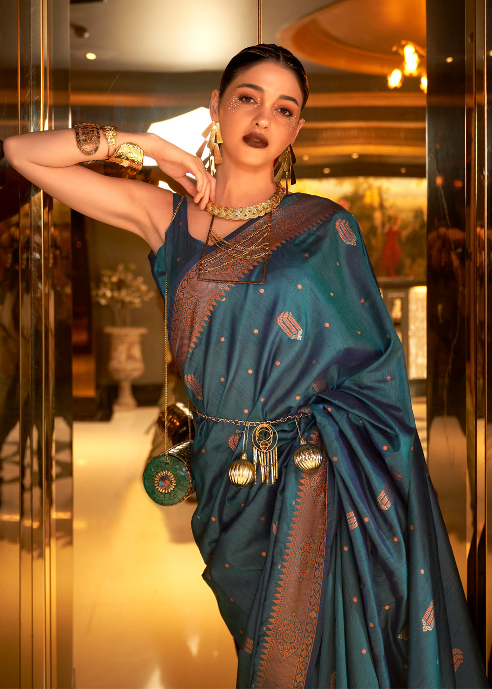 Buy MySilkLove Faded Jade Blue Bronze Zari Woven Tussar Silk Saree Online