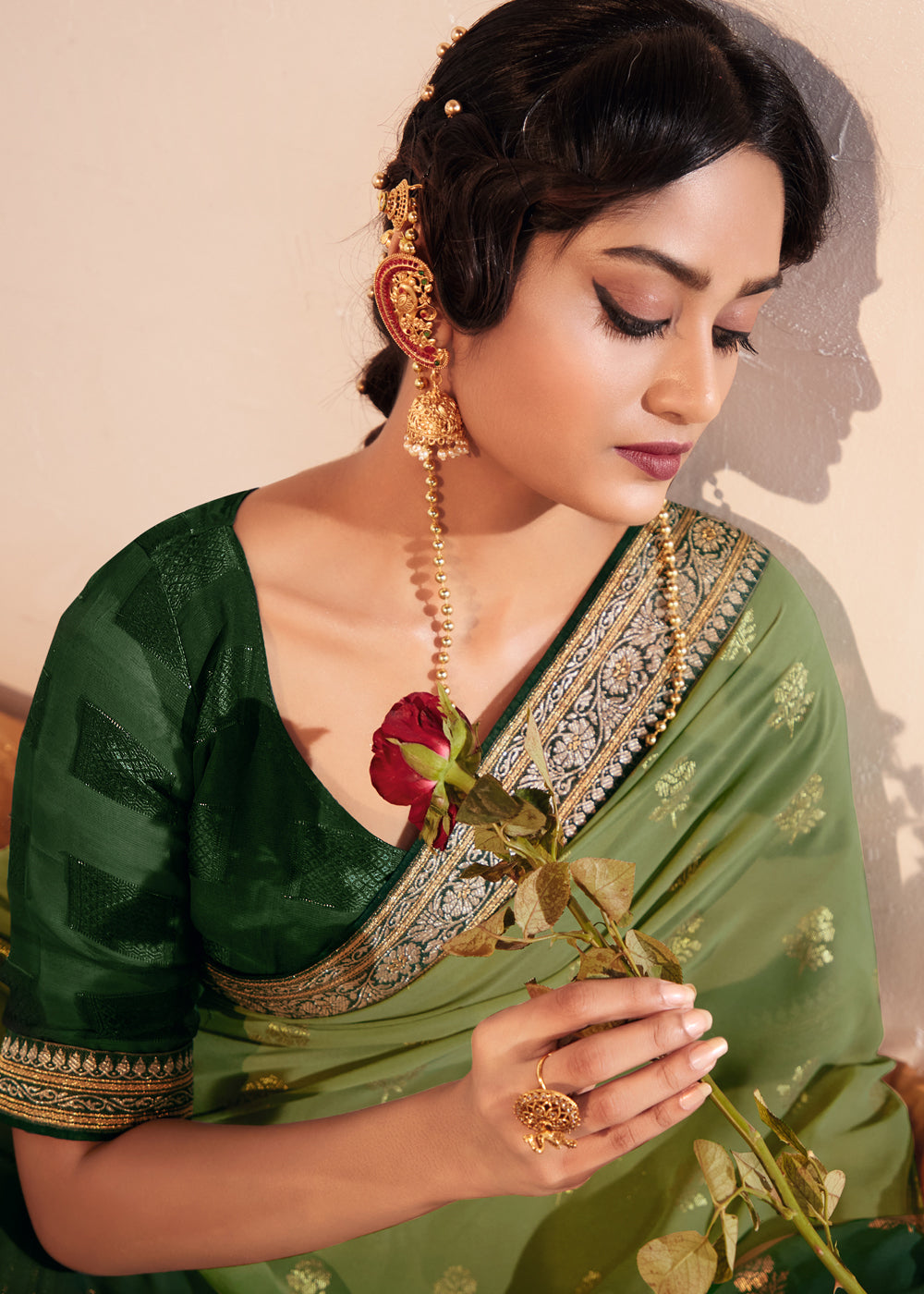 Buy MySilkLove Barley Corn Green Woven Georgette Silk Saree Online