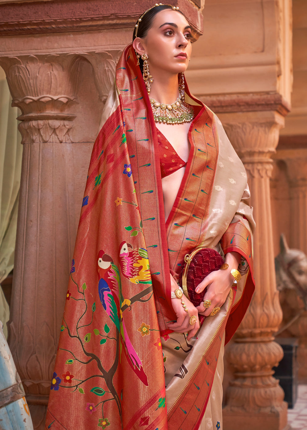 Buy MySilkLove Sepia Brown and Red Woven Paithani Silk Saree Online