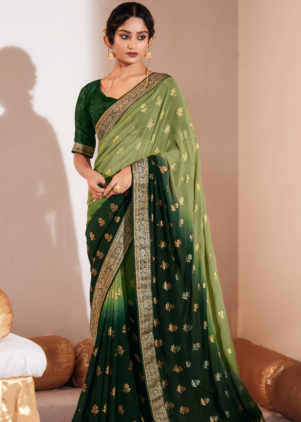 Buy MySilkLove Barley Corn Green Woven Georgette Silk Saree Online