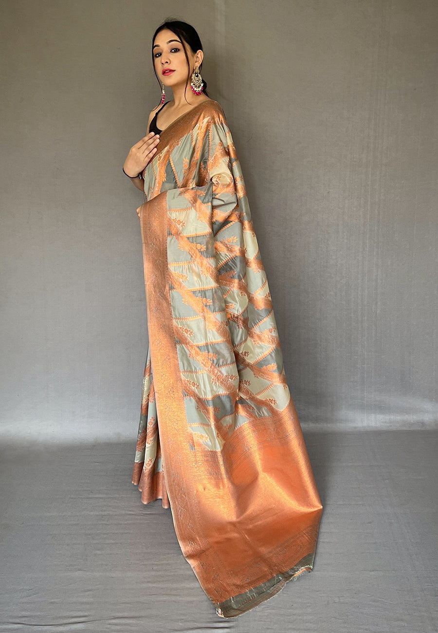 Buy MySilkLove Clay Creek Grey Copper Zari Woven Organza Saree Online