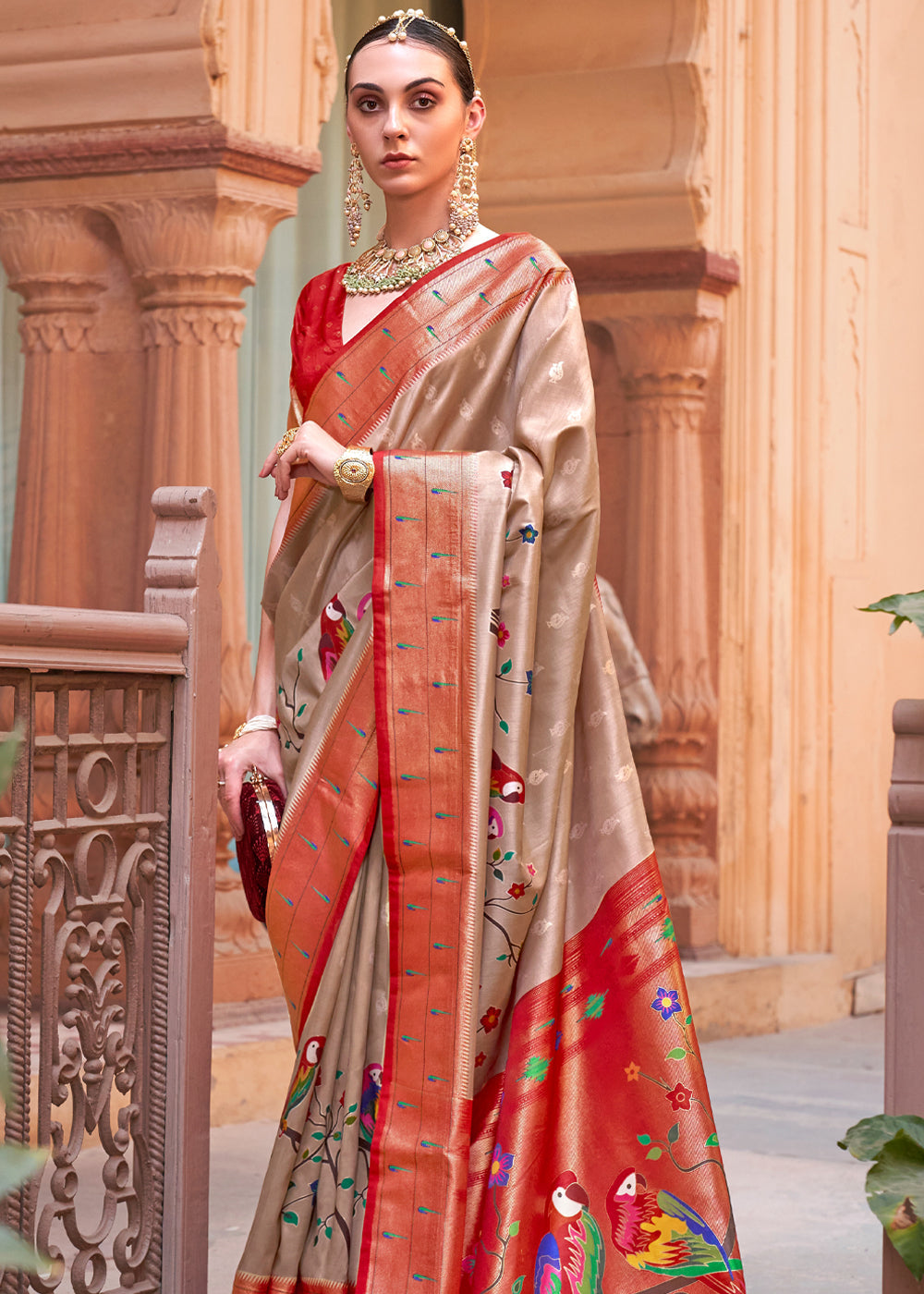 Buy MySilkLove Sepia Brown and Red Woven Paithani Silk Saree Online