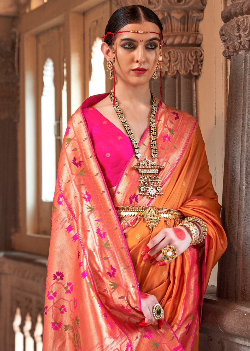 Buy MySilkLove Mandarin Pearl Orange Woven Paithani Silk Saree Online