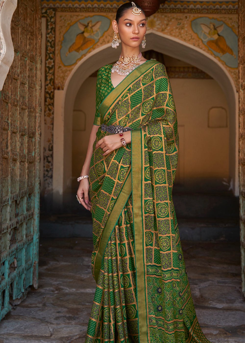 Buy MySilkLove Fern Green Printed Soft Silk Saree Online