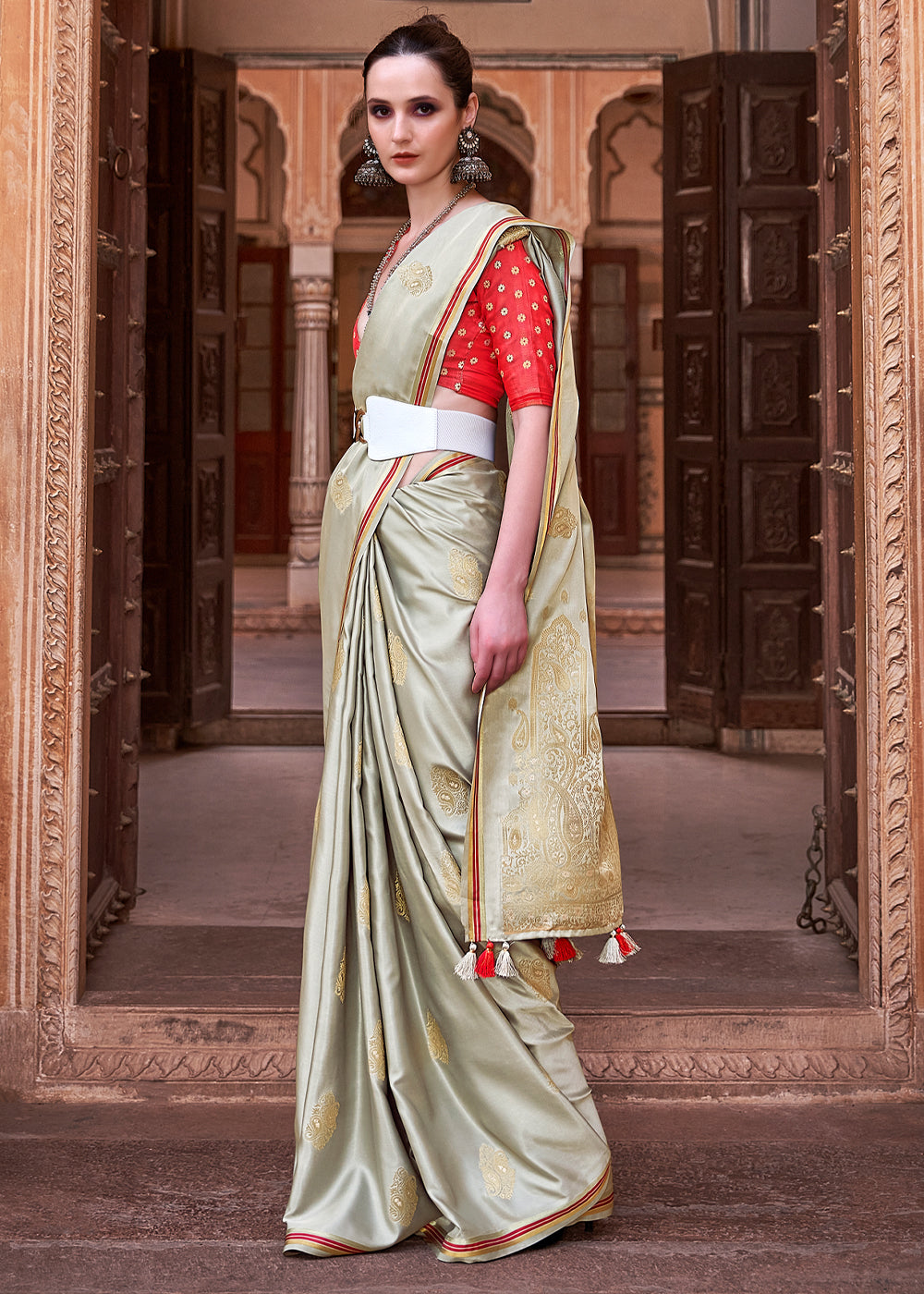 Buy MySilkLove Delta Grey Woven Satin Silk Saree Online