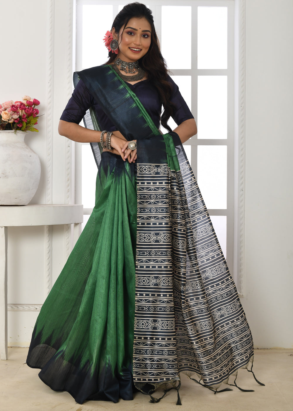 Buy MySilkLove Axolotl Green Woven Tussar Ikkat Silk Saree Online