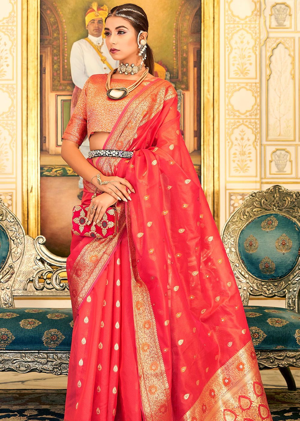 Buy MySilkLove Dimond Red Woven Banarasi Organza Silk Saree Online