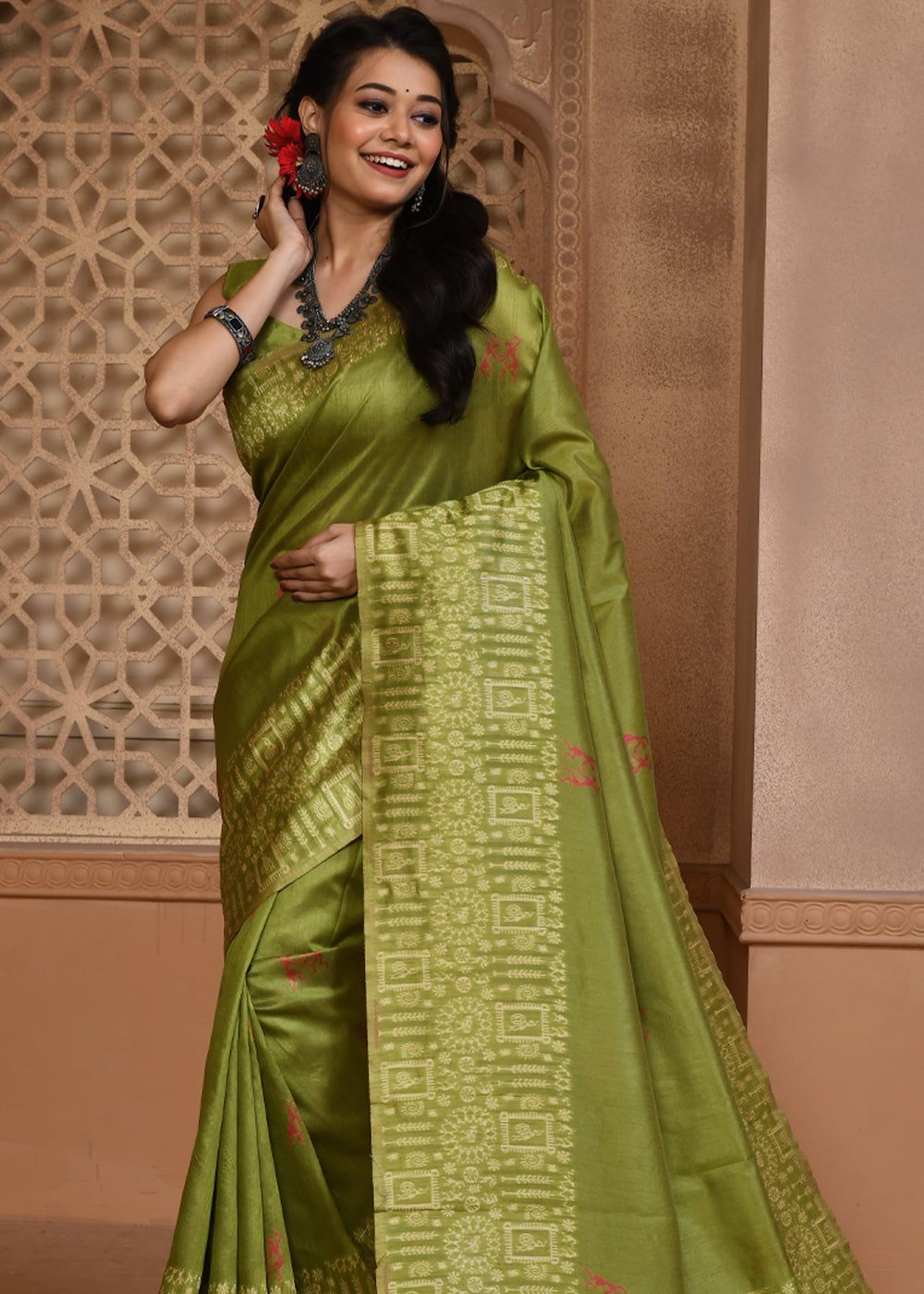 Buy MySilkLove Crete Green Woven Textured Cotton Silk Saree Online