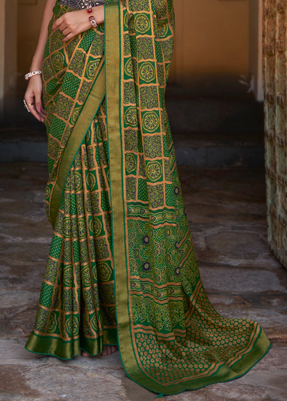 Buy MySilkLove Fern Green Printed Soft Silk Saree Online