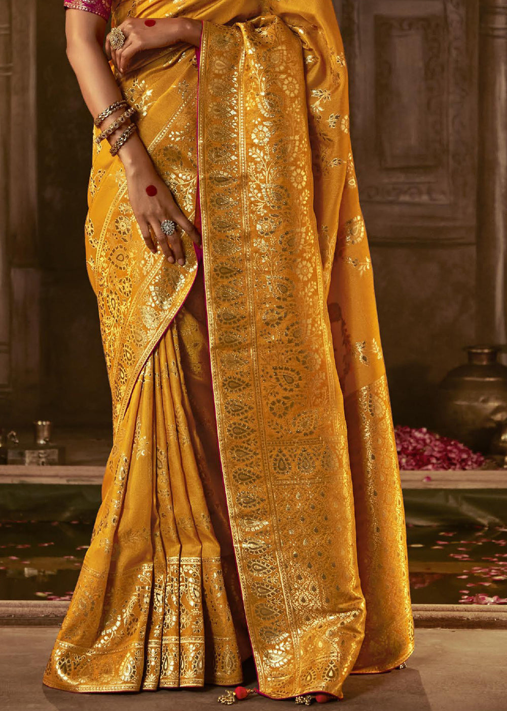 Buy MySilkLove Reno Sand Yellow Woven Designer Banarasi Silk Saree Online