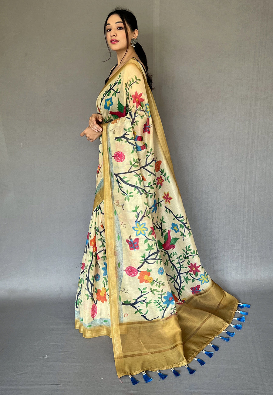 Buy MySilkLove Banana Mania Cream Tissue Printed Kalamkari Silk Saree Online