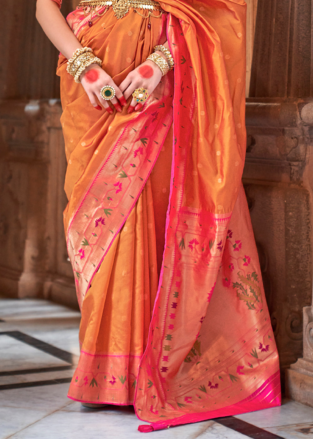 Buy MySilkLove Mandarin Pearl Orange Woven Paithani Silk Saree Online