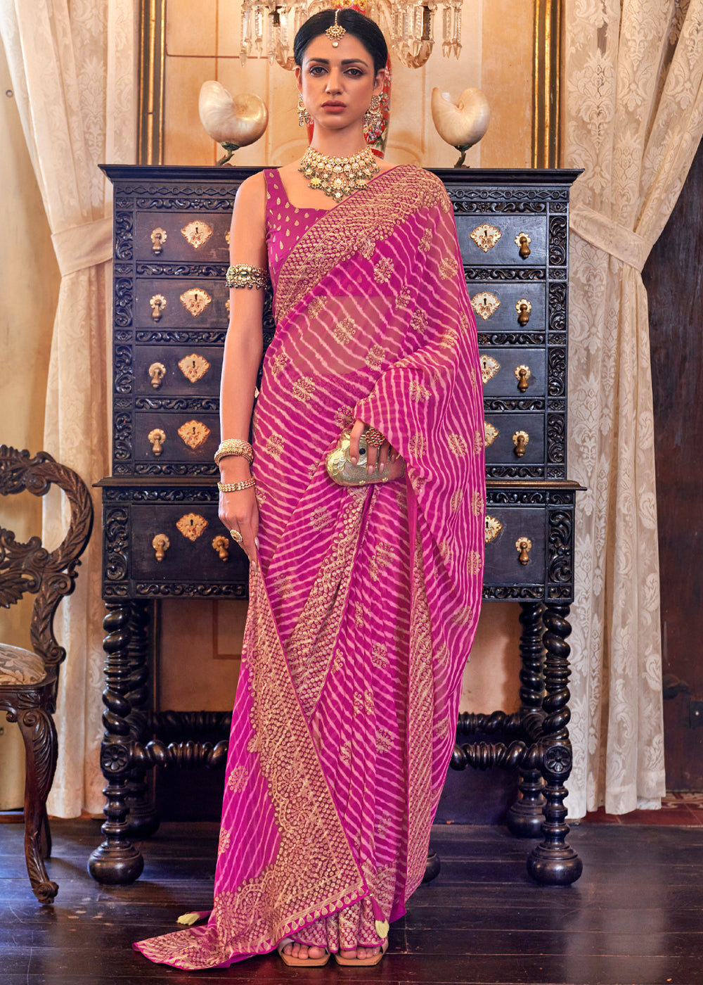 Buy MySilkLove Brilliant Rose Pink Lehariya Georgette Silk Saree Online