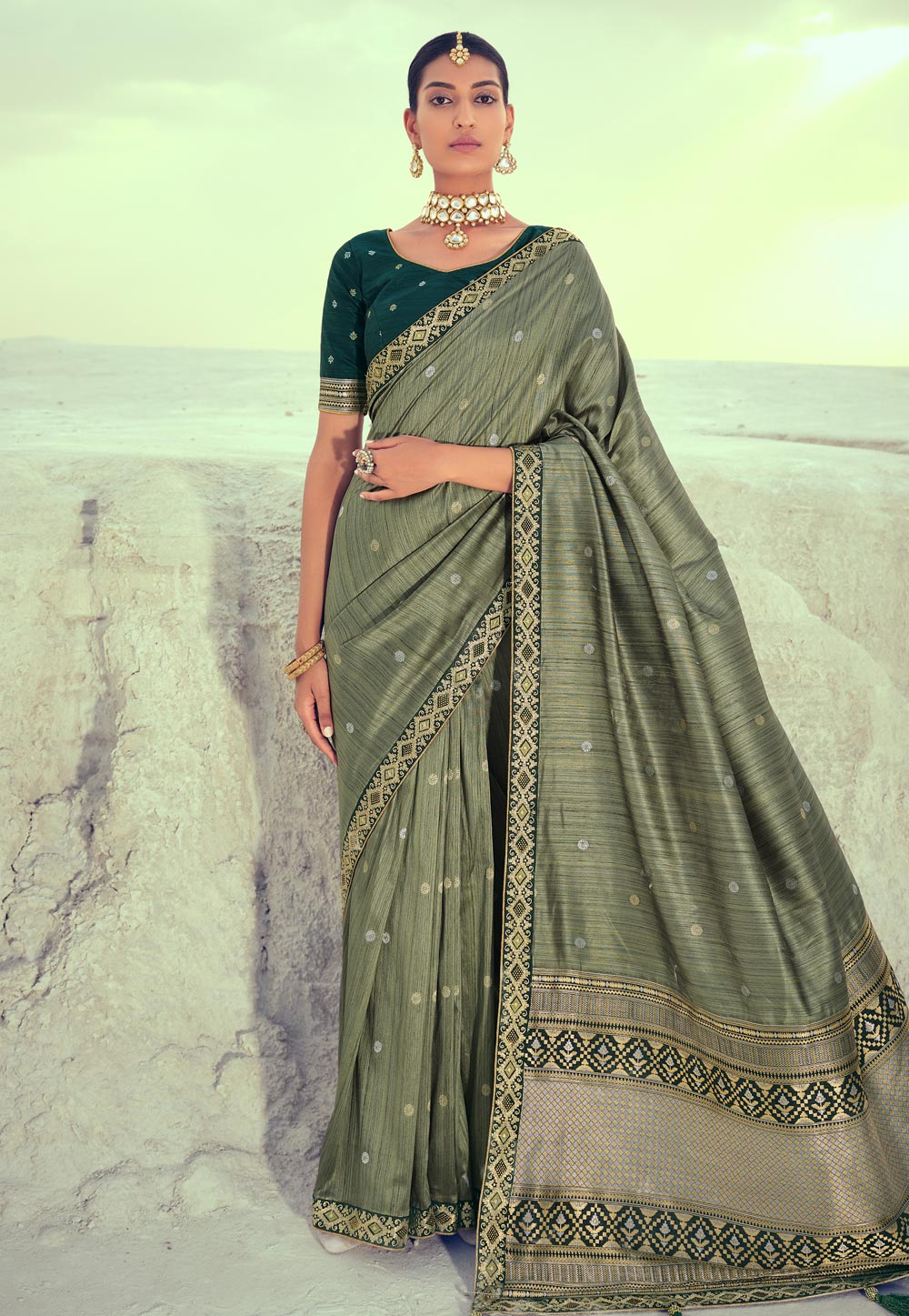 Buy MySilkLove Flax Smoke Green Woven Banarasi Saree Online