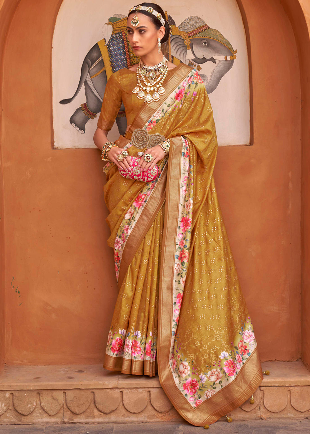 Buy MySilkLove Ochre Yellow Soft Floral Printed Silk Saree Online