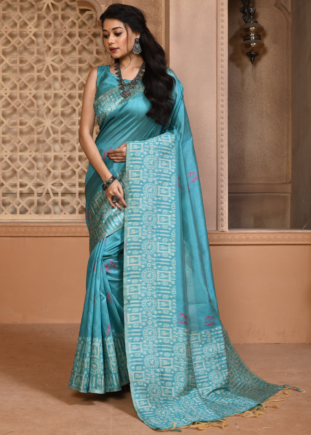 Buy MySilkLove Faded Jade Blue Woven Textured Cotton Silk Saree Online