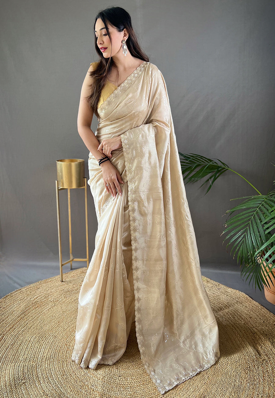 Buy MySilkLove Bison Hide Cream Embroidered Sequins Designer Saree Online