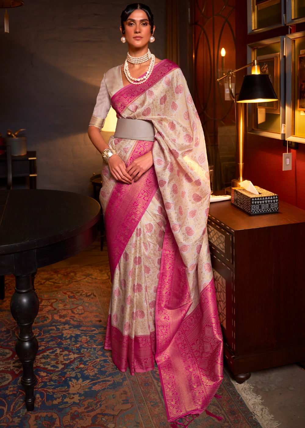 Buy MySilkLove Egg Sour White and Pink Woven Banarasi Soft Silk Saree Online