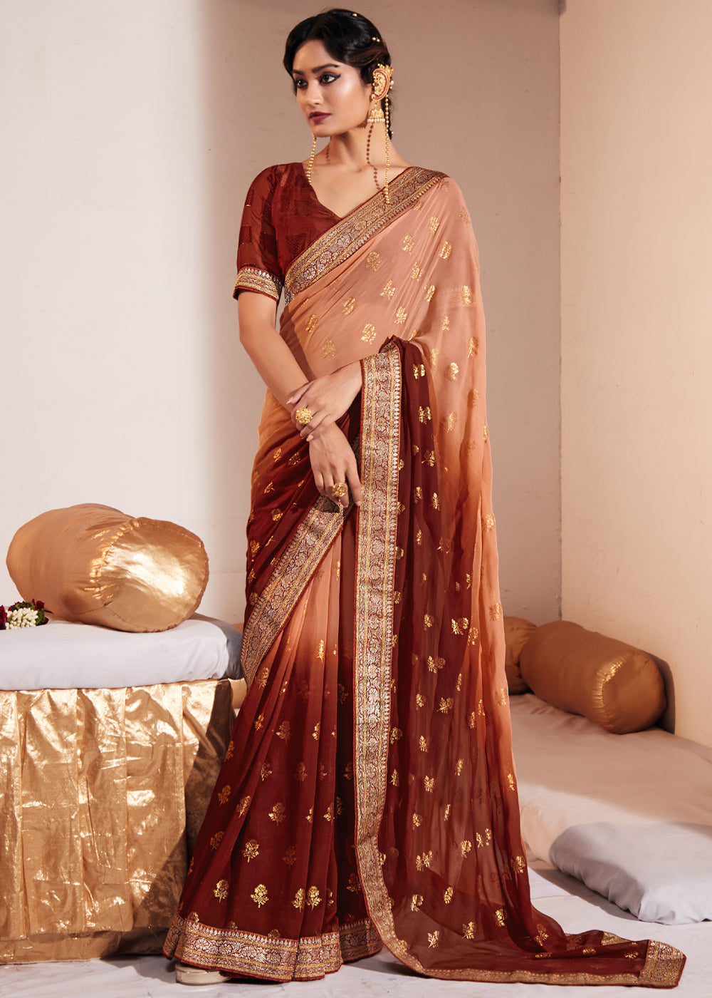 Buy MySilkLove Tonys Peach Woven Georgette Silk Saree Online