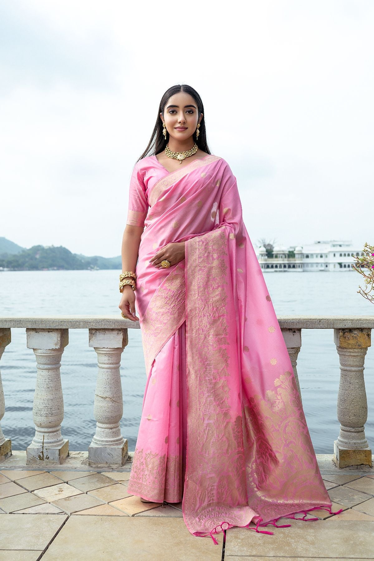 Buy MySilkLove Melon Pink Banarasi Soft Silk Saree Online