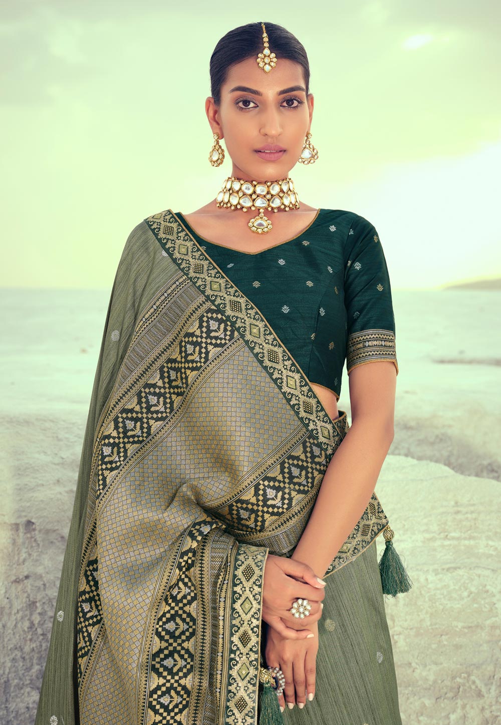 Buy MySilkLove Flax Smoke Green Woven Banarasi Saree Online